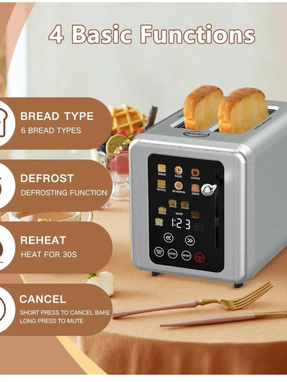 Wunly screen Toaster 2 slice, Stainless Steel Digital Timer Toaster
